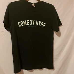 Black, short-sleeved T-shirt.